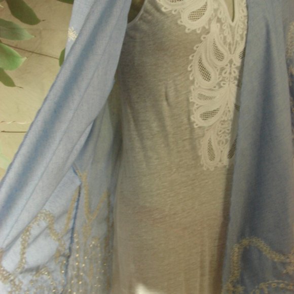 Lt Blue White Embroidered Kimono Jacket Boho Cover up Summer Lt Weight Beach S/M - Picture 13 of 15